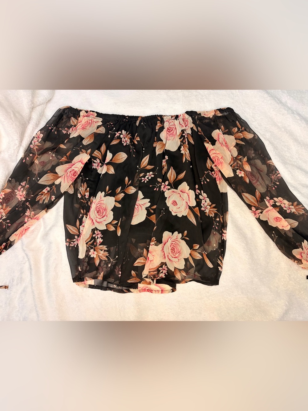 Floral Off-Shoulder Blouse — Black with Pink Rose Print